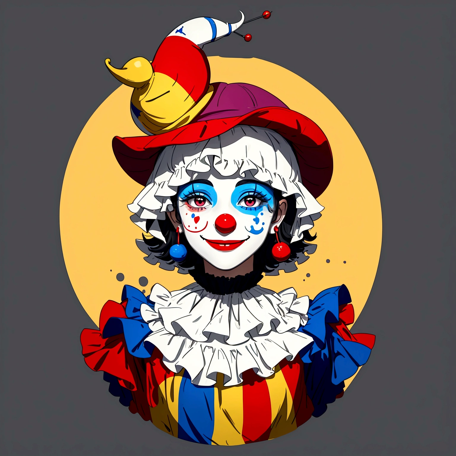 It is a smiling character who is a clown type and has a hat and painted face.