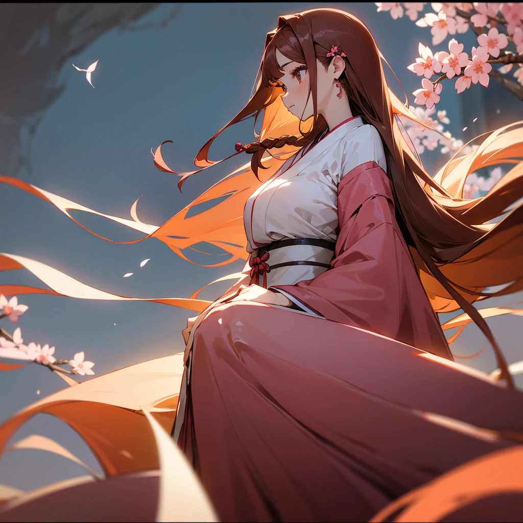 Woman with cute face, absurdly long hair, brown hair with a pinkish tint, wears a Japanese , curvy yet slender body, Sakura Hair pin on left side of hair, large amber eyes