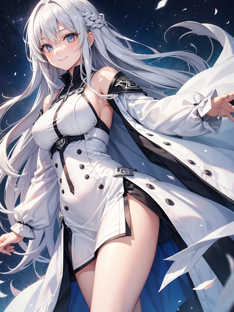 masterpiece, best quality, 1girl, glowing, angel, white hair, long white gown, angelic white gown, elegant design, black fabric waist sash, jelweries, intricate gown, heavenly gown, long sleeeves, waist sash, angel wings, full lenth skirt, long sleeeves, glowing, yellow eyes, curvy, curly hair, flowing hair, low angle view, cowboy shot, sky background, medium breasts, beautiful sky, clouds, starry sky, angel halo, jelweries, hand on dress, dark blue sky, glowwing:1.2, aurora, 1 hand on hip, blush, :3 face experession