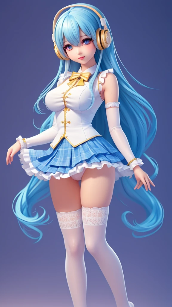 (​masterpiece), (top-quality), (The ultra-detailed), (full body Esbian:1.2), {low angles}, simple background, 1 girl in, solo, The upper part of the body, long curly hair, Songsuits, Pompadour skirt, Slim and beautiful vest, Lace Shirt, Bubble Sleeve, pasties, bow ribbon, Plaid, Blue hair, headphones, long, Standing microphone, (beautifull detailed face), (beatiful detailed eyes), {{Lift the skirt yourself}}, {{{crisp lace panties}}}, {{{Panties look good}}}, {{Sheer panties}}, {{{Pants that dig into the crotch}}}, {{{Distinctｵﾏﾝｺ}}}, cameltoe, {{ｵﾏﾝｺI can see it}}