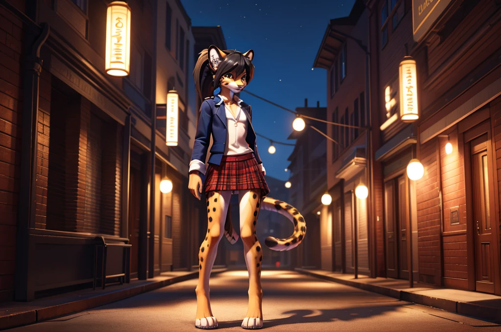 beautiful, (masterpiece), high quality, Highly detailed CG Unity 8k wallpaper, High resolution, perfect lighting, youthful, adolescent, tall, slim, skinny, frail slender figure, slim legs, medium breasts, anthropomorphic furry ocelot character, distinctly feminine figure, narrow hips, long legs, thick, fluffy, volumetric fur, with plaid skirt and navy blazer, cinematic high fidelity 3D CAD Model style, golden fur with black spots, black hair in a high ponytail