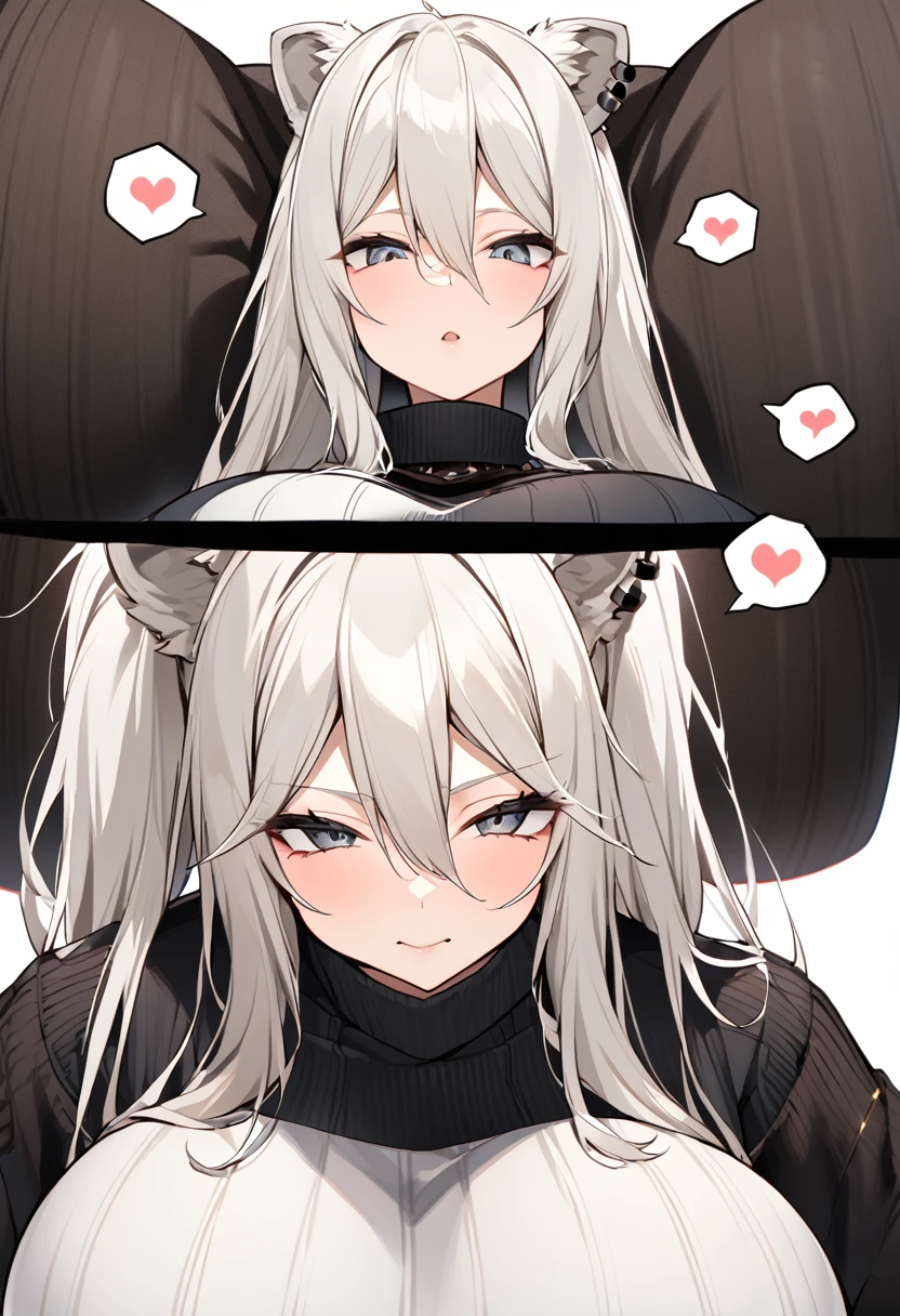 Shishirabotan、Black knitted clothes、Vertical sweater clothes、Black sweater、Huge breasts:1.5、sagging breast:1.5、1girl、portrait、spoken heart、face focus、straight hair、Twin tails、Slightly messy hair、White lion、claw pose