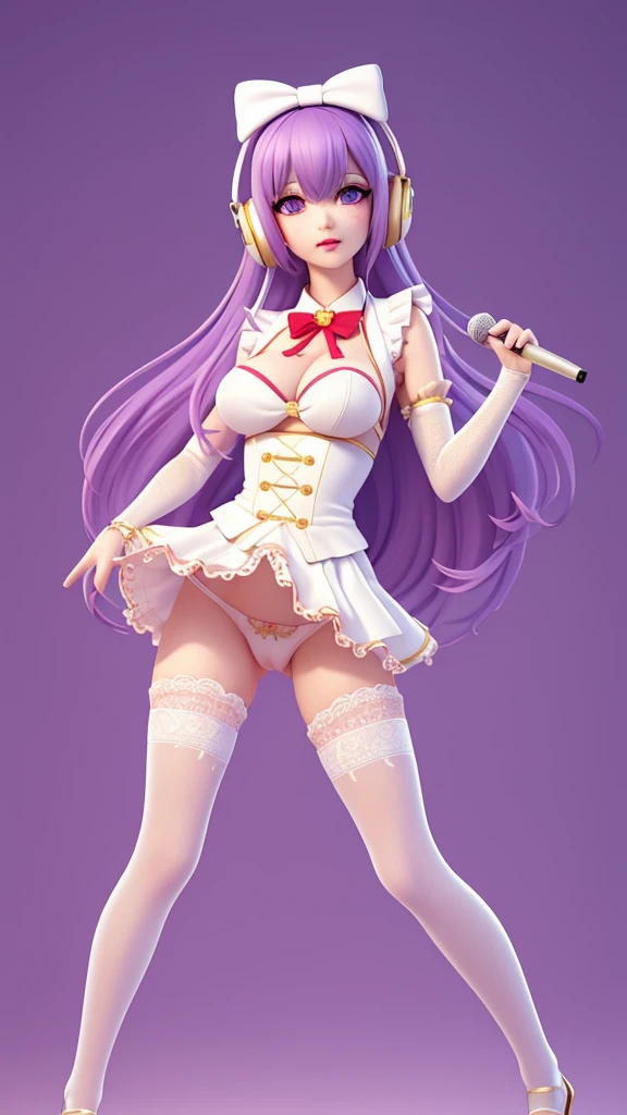 (masterpiece), (top-quality), (The ultra-detailed), (full body Esbian:1.2), {low angles}, simple background, 1 girl in, solo, The upper part of the body, long curly hair, Songsuits, Pompadour skirt, Slim and beautiful vest, Lace Shirt, Bubble Sleeve, pasties, bow ribbon, Plaid, Purple hair, headphones, long, Standing microphone, (beautifull detailed face), (beatiful detailed eyes), {{Lift the skirt yourself}}, {{{crisp lace panties}}}, {{{Panties look good}}}, {{Sheer panties}}, {{{Pants that dig into the crotch}}}, {{{Distinctオマンコ}}}, cameltoe, {{オマンコI can see it}}