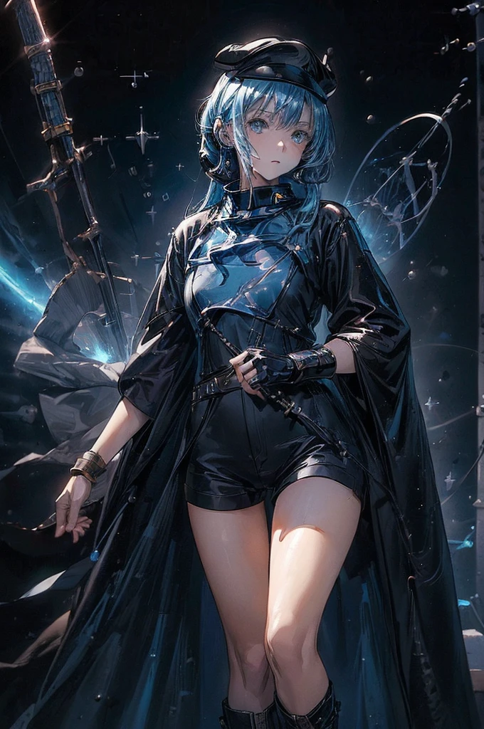 (((((((science fiction space fantasy)))))))A badass woman, an adult, (A female commander), ((a leader of a fleet of intergalactic armies)), White high ponytail with a glowing light blue highlights at the ends, Wielding a sword with deep blue aura, the mystical blade in her hand emitting a bright contrast blue light with a ray of energy, a futuristic intergalactic military uniform, Wearing Black shorts exposing the thighs, with a captain hat hat, a long simple dark boots. A masterpiece illustration, a light novel cover, best quality, best detail(Light novel illustrations), Arknights style, masterpiece, high quality, detailed.