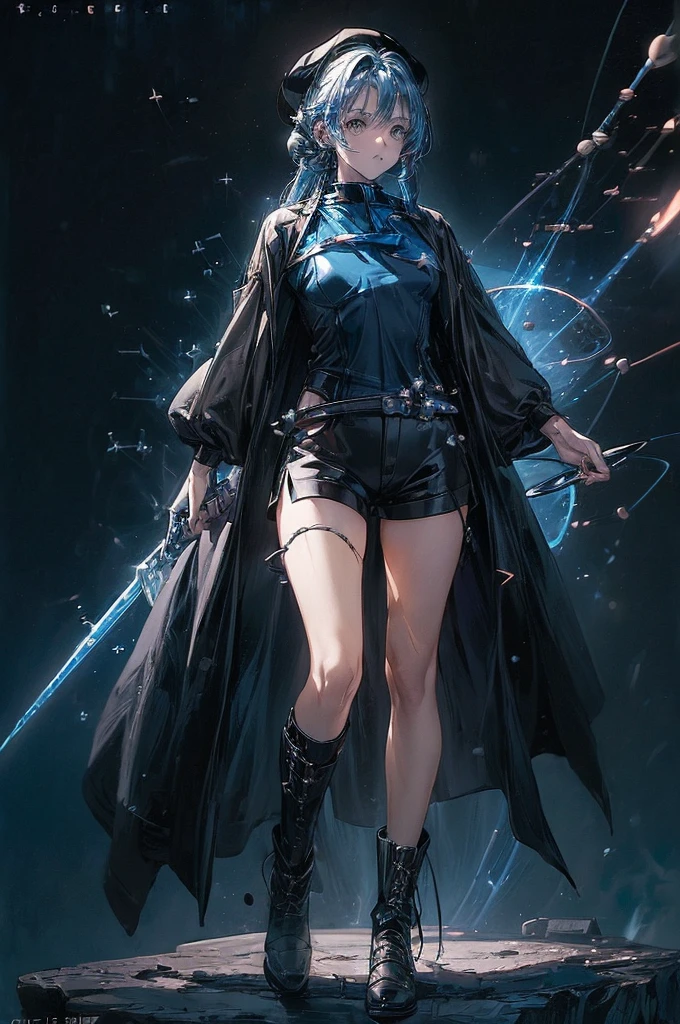 (((((((science fiction space fantasy)))))))A badass woman, an adult, (A female commander), ((a leader of a fleet of intergalactic armies)), White high ponytail with a glowing light blue highlights at the ends, Wielding a sword with deep blue aura, the mystical blade in her hand emitting a bright contrast blue light with a ray of energy, a futuristic intergalactic military uniform, Wearing Black shorts exposing the thighs, with a captain hat hat, a long simple dark boots. A masterpiece illustration, a light novel cover, best quality, best detail(Light novel illustrations), Arknights style, masterpiece, high quality, detailed.
