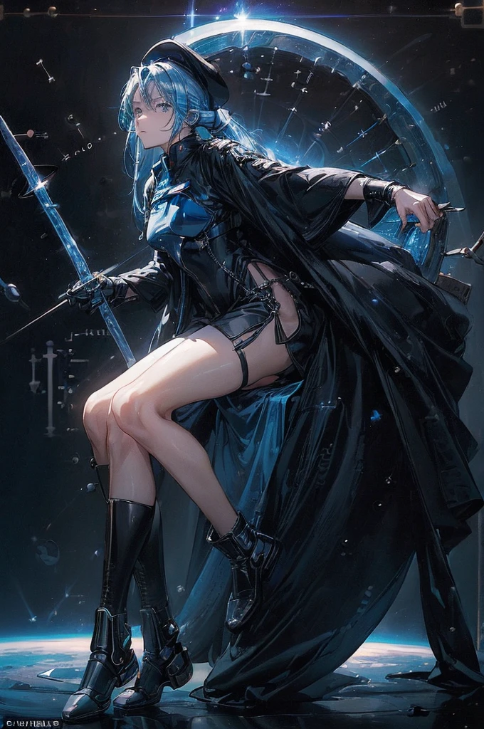 (((((((science fiction space fantasy)))))))A badass woman, an adult, (A female commander), ((a leader of a fleet of intergalactic armies)), White high ponytail with a glowing light blue highlights at the ends, Wielding a sword with deep blue aura, the mystical blade in her hand emitting a bright contrast blue light with a ray of energy, a futuristic intergalactic military uniform, Wearing Black shorts exposing the thighs, with a captain hat hat, a long simple dark boots. A masterpiece illustration, a light novel cover, best quality, best detail(Light novel illustrations), Arknights style, masterpiece, high quality, detailed.