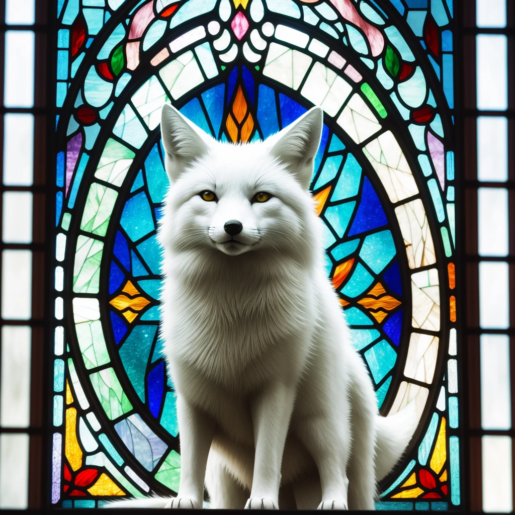 A white fox angry, stained glass window, close up --no frame border window