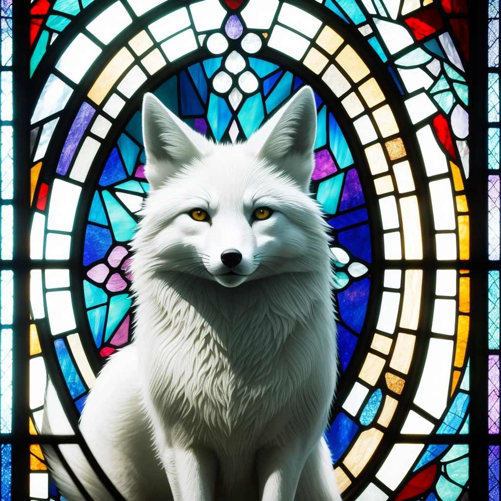A white fox angry, stained glass window, close up --no frame border window