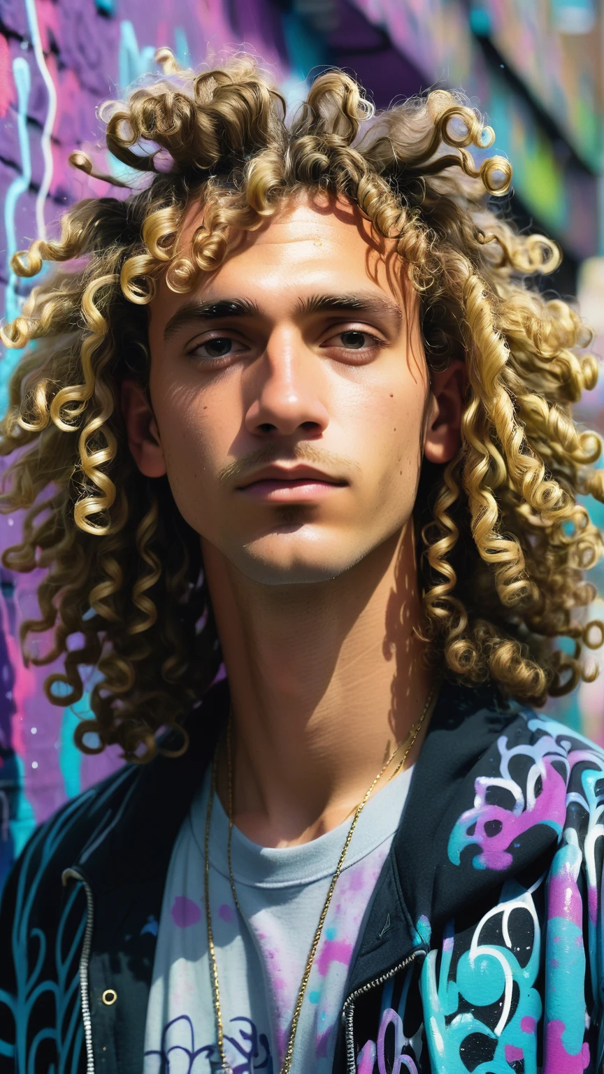 there is a man , man with long, curly hair, curls on top of the head, taken in the late 2000s, taken at the beginning of 2020, about 19 years old, with long, curly hair, VAPORWAVE ART STYLE( WITH PAINT DRIPS, GRAFFITI STYLE STREET ART