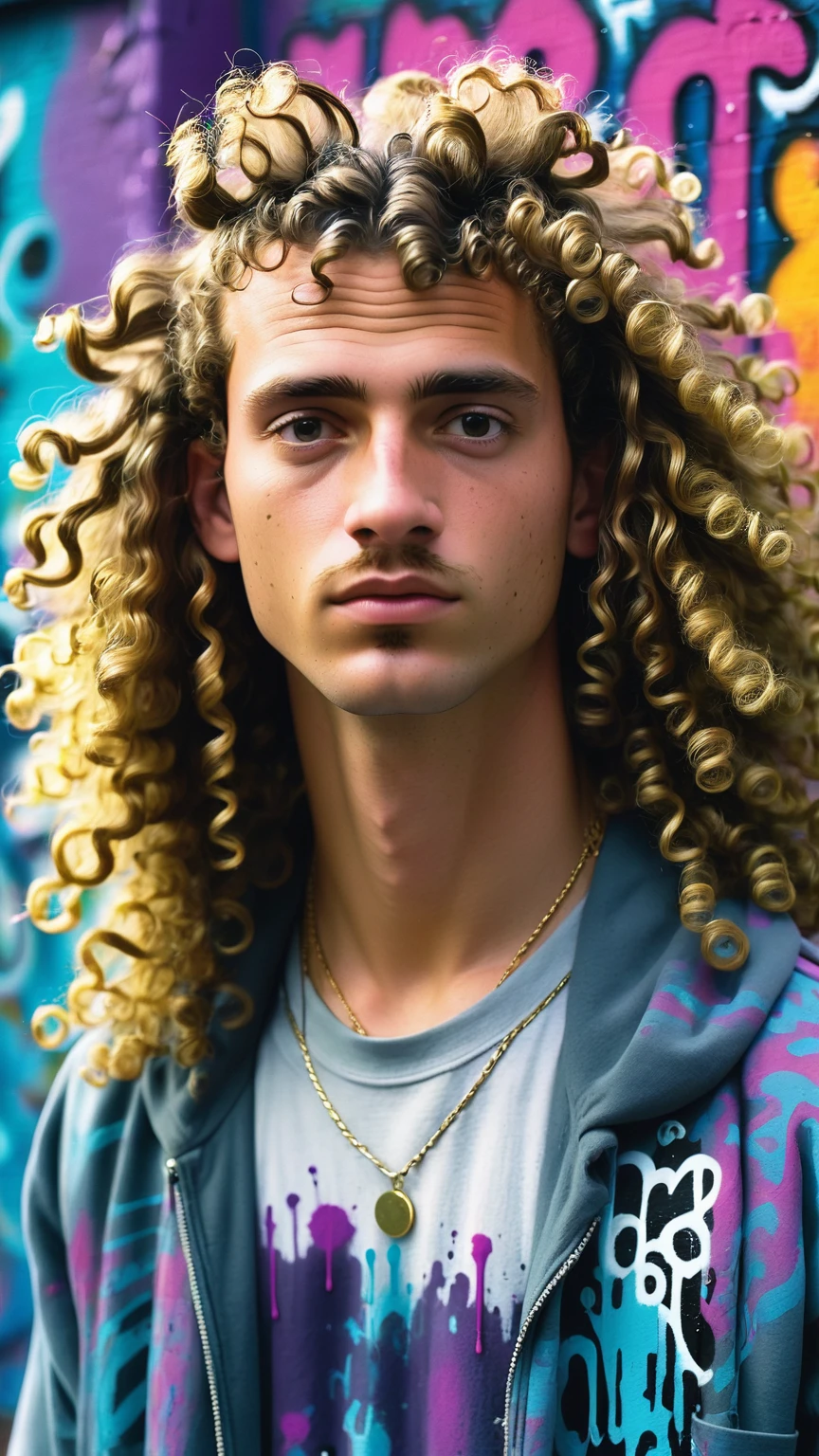 there is a man , man with long, curly hair, curls on top of the head, taken in the late 2000s, taken at the beginning of 2020, about 19 years old, with long, curly hair, VAPORWAVE ART STYLE( WITH PAINT DRIPS, GRAFFITI STYLE STREET ART