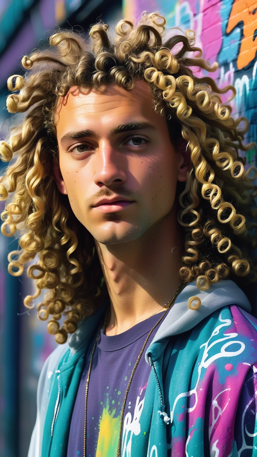 there is a man , man with long, curly hair, curls on top of the head, taken in the late 2000s, taken at the beginning of 2020, about 19 years old, with long, curly hair, VAPORWAVE ART STYLE( WITH PAINT DRIPS, GRAFFITI STYLE STREET ART