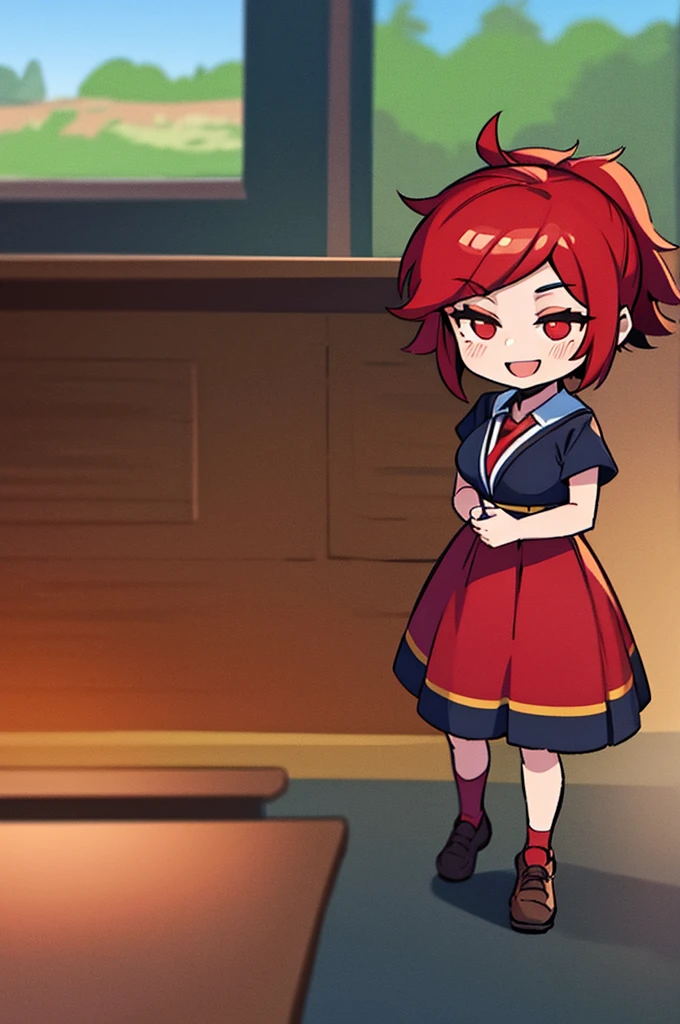 1 chibi of a woman who is very smiling, has red hair, and she is very active, energetic and happy in class, he has school clothes 