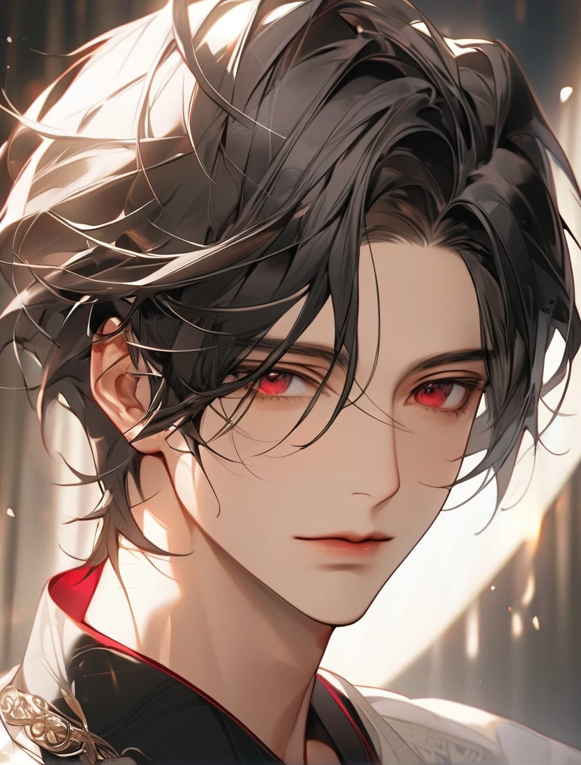(Black_Hair), (red_ruby_eyes), (Handsome), (attractive), (perfect_face), (male), (close_up_shot), (detailed_eyes), (detailed_hair), (clean_hair), (expressionless), (vertical_pupils), (peaceful_atmosphere), (beauty_mark)