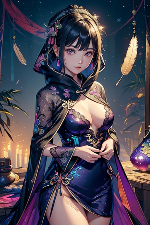 Trading card of: during night、body complet、(((Wearing fluorescent fabric:harem outfit、Suzhou embroidery technology:Lace sequin cloak woven from feathers)))、jewlery、Masterpiece、best quality、Official Art、Highly detailed 3DCG Unity 8k、(##tattoo##、The tattoo、~+The tattoo)、(Perfect female curves、huge-breast)、(a captivating gaze)、toward to the camera、Pink lips、Delicate fingers and handagic Hour、Rembrandt Lighting、Front lighting、Fill Lighting、 hard shadows、Arnold Renders、