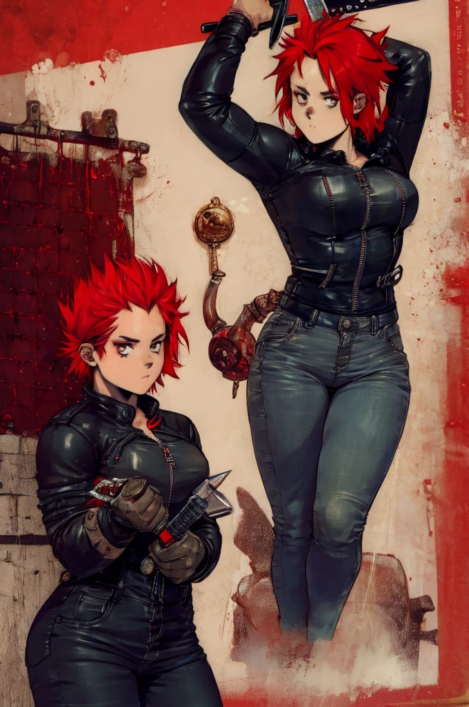 Dorohedoro Style, sexy young girl with short red hair, a heavy leather jacket with spikes, jeans, a girl holding a sword