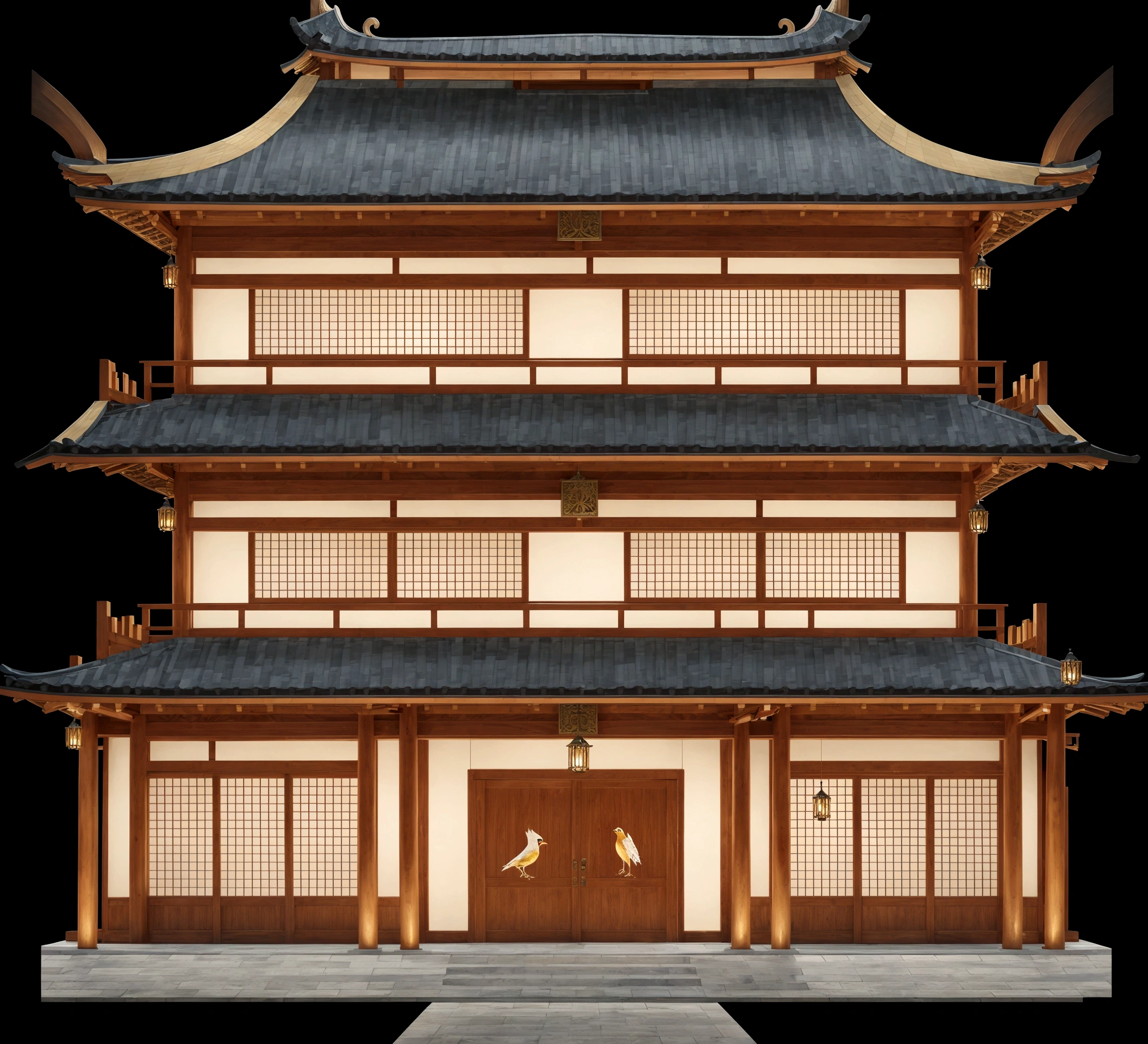 llustration of a traditional chinese building with lanterns and a bird, temple background, zen temple background, background depicting a temple, digital painting of a pagoda, japanese temple, japanese house, korean traditional palace, background art, palace background, chinese building, artwork in the style of z.w. gu, cyberpunk japanese temple, inspired by Shūbun Tenshō