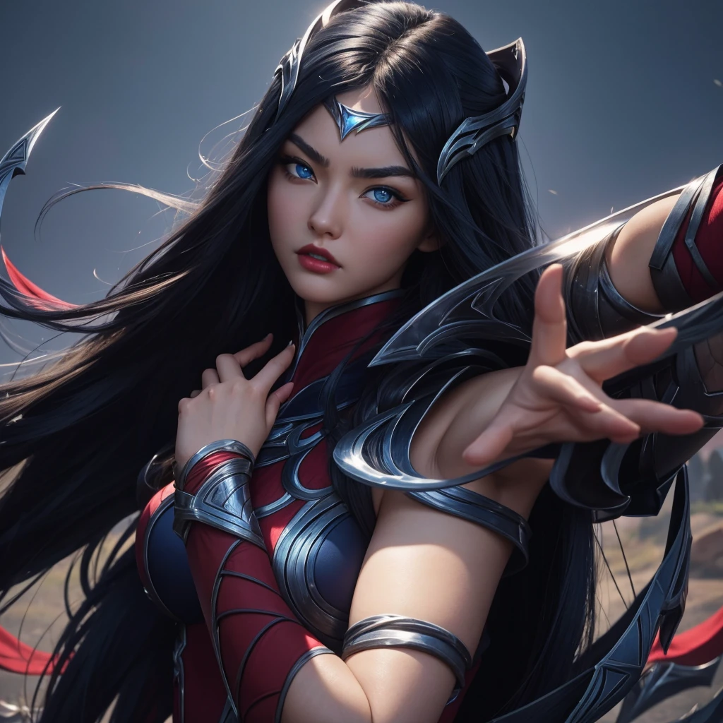 irelia from league of legends, a beautiful 24 years old woman, asian girl, dark blue long hair, blue eyes, fit body, she controls blades in the air, serious face, detailed photograph, 8k, uhd, high quality photo, bright day, grassland background, sexy girl, perfect body, perfect face, very big eyes, detailed face, detailed hands, detailed eyes, high detailed photograph, 16k, perfect woman face, big eyes, big blue eyes, big red lips, fit body, perfect body