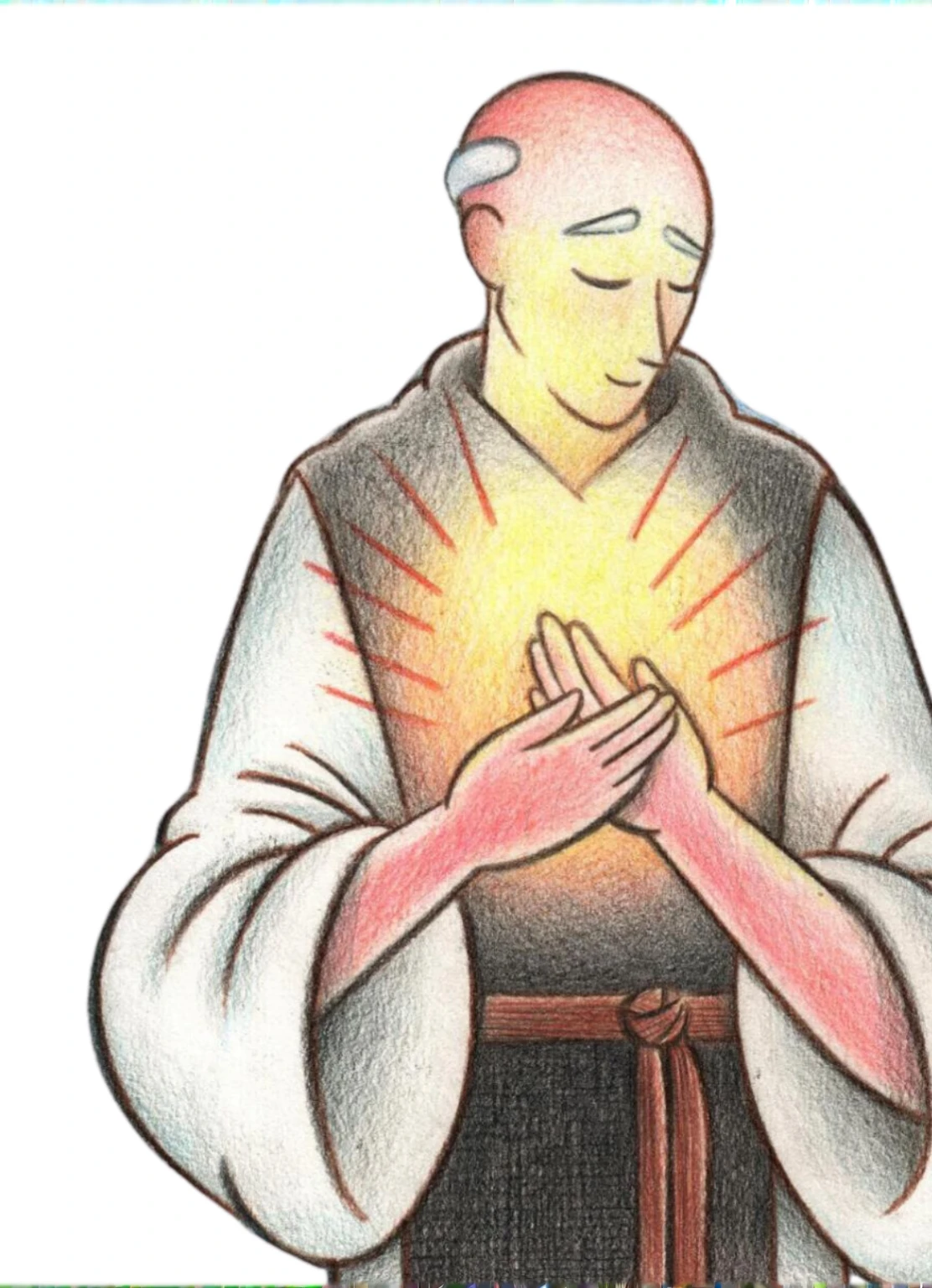 Analyze the Image and details of the monk's robe and posture to maintain consistency.
Back Design: Draw the back of the cloak and the position of the hands on the chest.
Adjusting Colors and Shadows: Harmonize colors and shadows so that the back image matches the front.