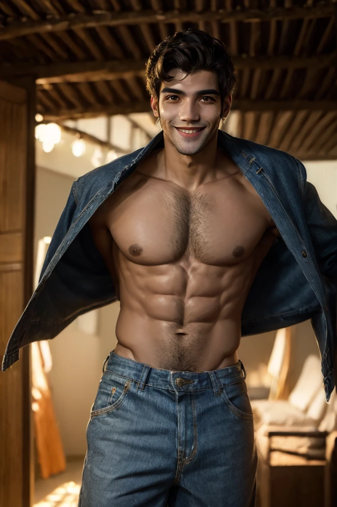 ((long distance shot:1.5)), half body view, brazilian man standing, smiling, light background, wearing