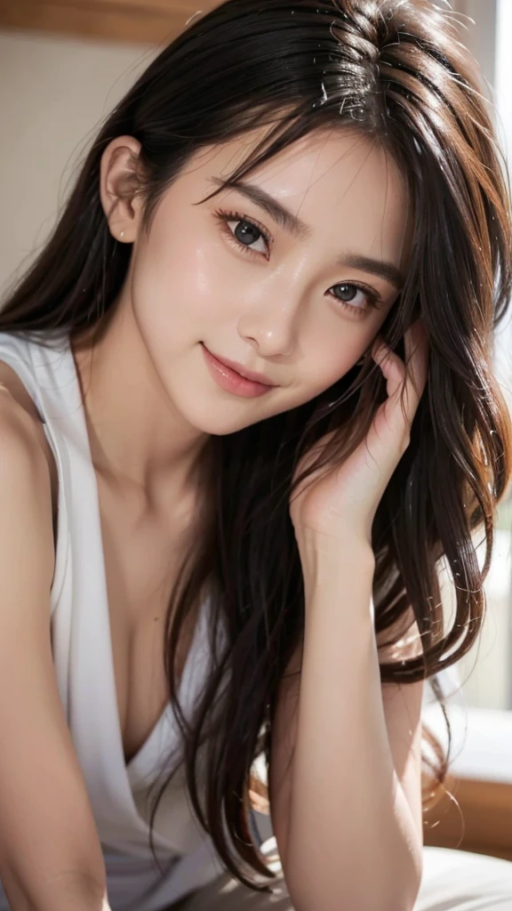 beautiful detailed eyes, no eye's make up, no lips, beautiful detailed lips, extremely detailed eyes and face, 1 girl, looking at viewer, shy smile, wrap the towel, soaked, soaked hair, indoors, black eyes, small breasts, wet hair, no makeup, bashful, brake, full-body horizontal photo, face facing the viewer, looking at the viewer with a shy smile, Canon EOS, clear facial features, 16K, high resolution, sharp and realistic details, super high resolution, highest quality