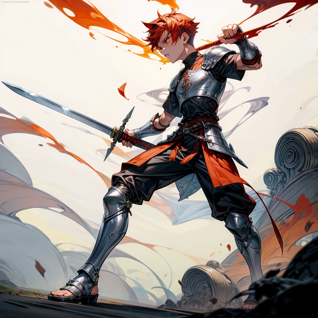 1boys, Full body version, orange eyes, undercut hair, red colour hair, very angry expression, gladiator clothing, short sleeve shirt, gladiator skirt, silver armor body, bodybelt, gladiator sandals, Spatha sword in hand, (war gesture), Grassroots background in war, smoke