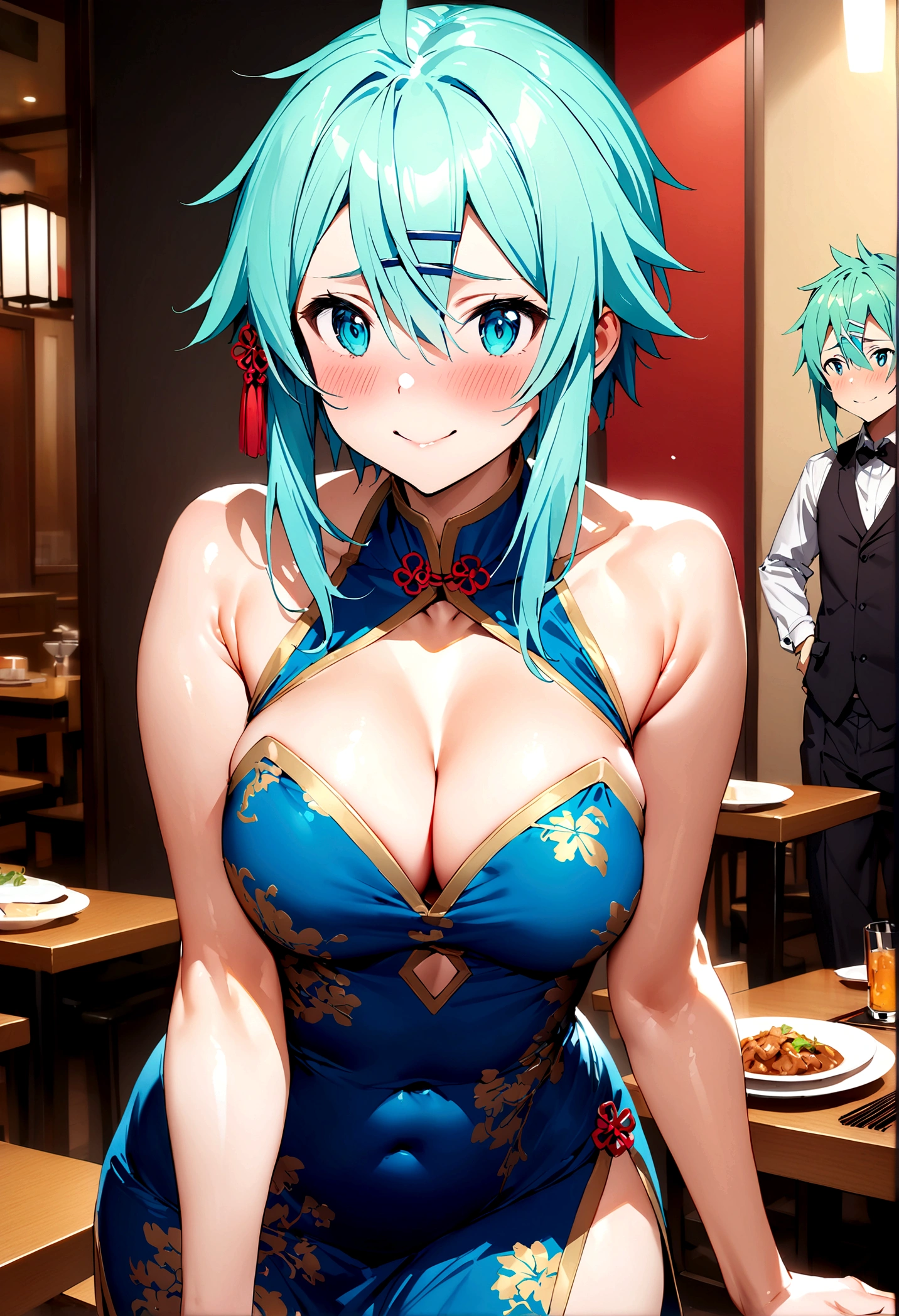 NSFW,masterpiece,Highest quality,High resolution,Super detailed,Sinon\(Sword Art Online\),(China dress),Bare shoulders,Cleavage, hair ornaments, Hair Clip,Embarrassed,expectant face,smile,blush,Chinese restaurant,Reception
