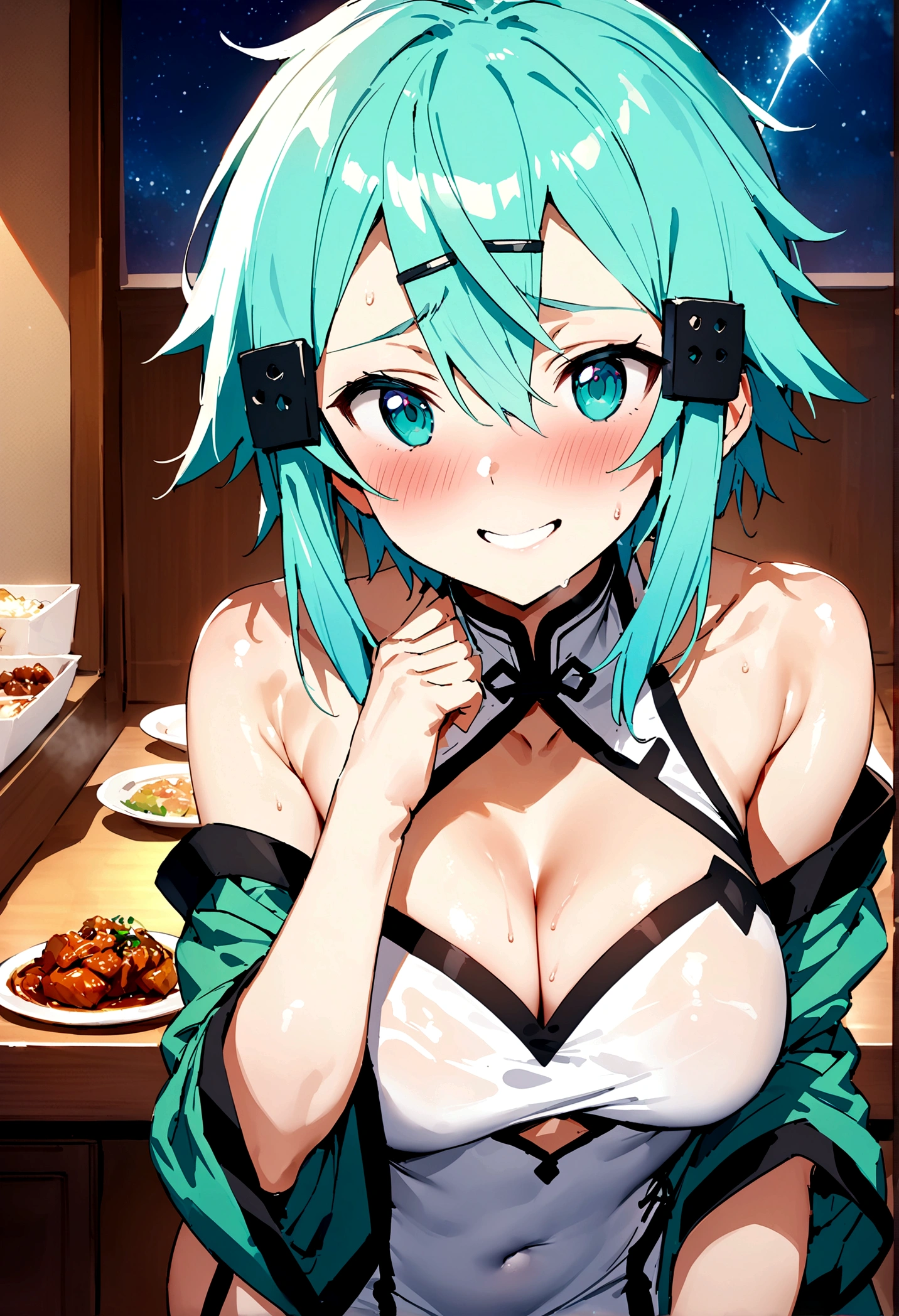 NSFW,masterpiece,Highest quality,High resolution,Super detailed,Sinon\(Sword Art Online\),(China dress),Bare shoulders,Cleavage, hair ornaments, Hair Clip,Embarrassed,expectant face,smile,blush,Chinese restaurant,Reception