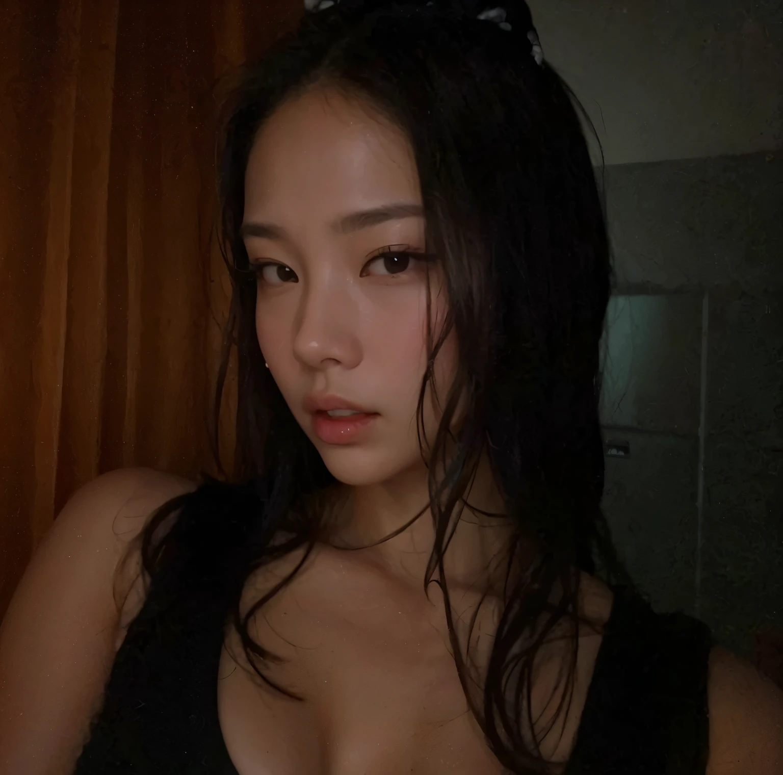 cute korean girl with blonde hair wearing makeup and wearing a black bikini