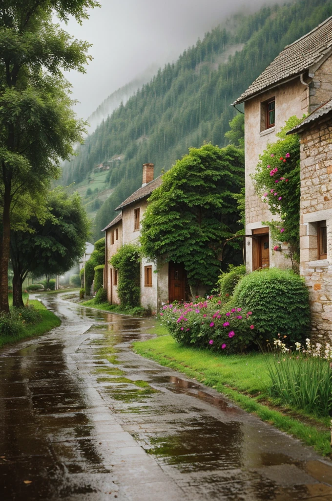 An painting art of a small village in a rainy morning