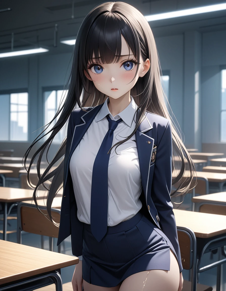 2.5d anime,best quality, masterpiece, high resolution,cowboy shot,1woman,25 year old beauty,black hair,long hair,blunt bangs,black eyes,gorgeous eyes,shy,Academy服、Navy blue tie、Dark blue blazer jacket,Navy blue mini skirt、medium breasts, skinny,slender body,lifelike,Side lighting,  (oily skin:1.2), 8K Ultra HD, Soft Light, high quality,photography, high resolution, 8K,classroom、Academy、