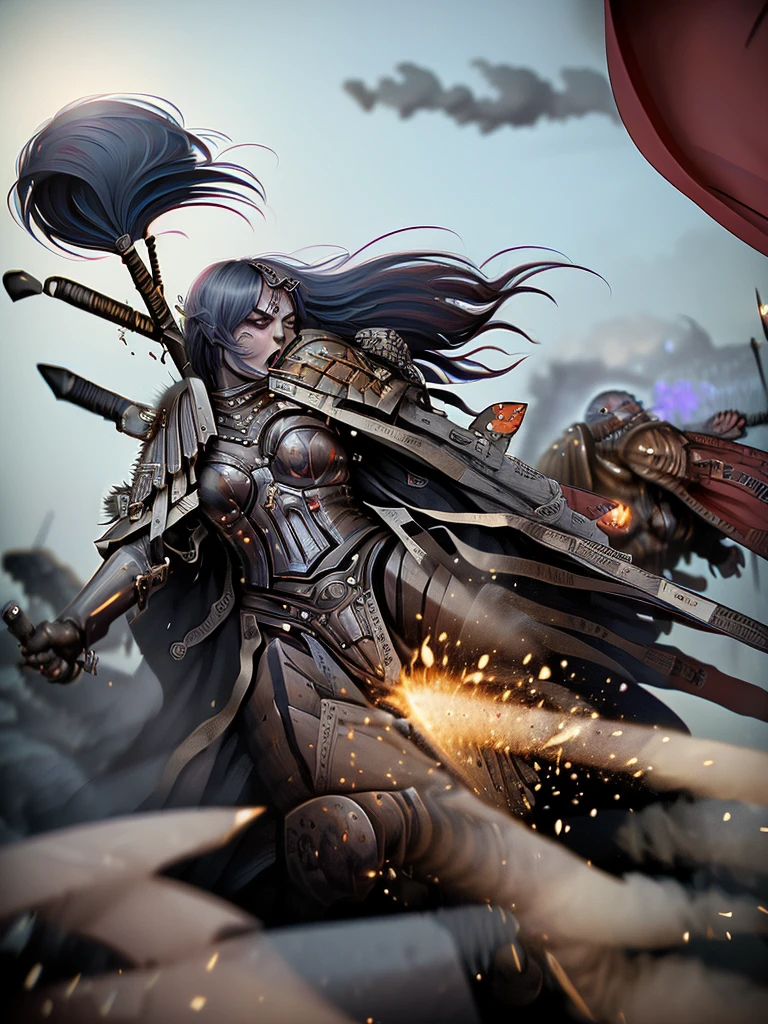 (Ultra-detailed face, Roar, shout:1.3), (Fantasy Illustration with Gothic & Ukiyo-e & Comic Art), (Full Body, A middle-aged dark elf woman with gray hair, blunt bangs, Very long disheveled hair, and dark purple skin, lavender eyes), (The Queen of War is dressed in crimson armor and a crimson velour cloak, adorned with jewels and precious metals), (The Queen of War smiles savagely, leaps up with a shout, strikes a daring pose, and thrusts both great swords forward. Flames explode from the Queen's sword's edge), BREAK (In the background, the tent of the barracks and military flags are flown, and heavily armored allied soldiers rush forward with battle cries. Smoke and dust are flying)