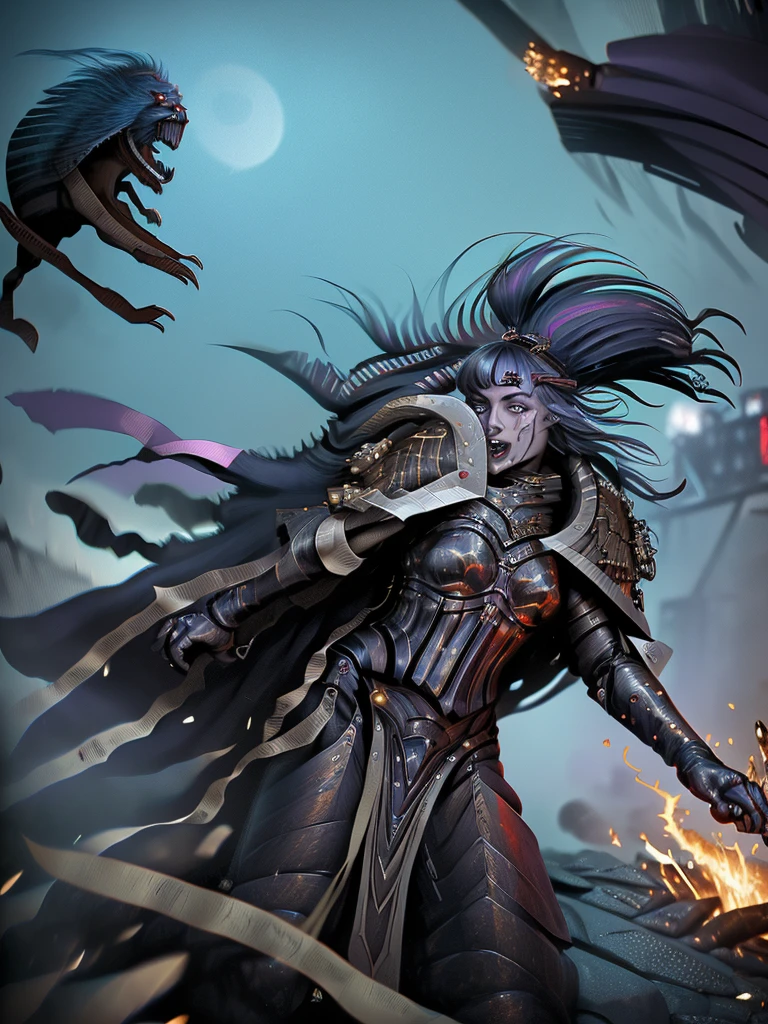 (Ultra-detailed face, Roar, shout:1.3), (Fantasy Illustration with Gothic & Ukiyo-e & Comic Art), (Full Body, A middle-aged dark elf woman with gray hair, blunt bangs, Very long disheveled hair, and dark purple skin, lavender eyes), (The Queen of War is dressed in crimson armor and a crimson velour cloak, adorned with jewels and precious metals), (The Queen of War smiles savagely, leaps up with a shout, strikes a daring pose, and thrusts both great swords forward. Flames explode from the Queen's sword's edge), BREAK (In the background, the tent of the barracks and military flags are flown, and heavily armored allied soldiers rush forward with battle cries. Smoke and dust are flying)