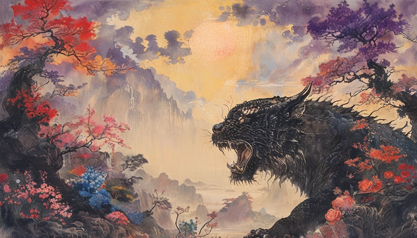 A white dragon lies in the middle of an endless field of purple flowers., Snow Capped Mountain々and、Golden sunset light surrounded by sparkling blue sky. The whole scene is filled with a dream-like atmosphere., with vibrant colors and detailed background elements rendered in high resolution and detailed in a top quality illustration style. 黒い髪and白い目をした少女, Dressed in darkness , Standing next to an anthropomorphic tiger, 二人andもカメラを見ている. The background features an intricate pattern of flowers and leaves.., 黒を基調andした, Shooting from a low angle, High resolutionand高精細, a masterpiece 、(Highest quality,4K,8K,High resolution,masterpiece:1.2),Very detailed,(Realistic,photoRealistic,photo-Realistic:1.37),Hot thick succubus mom with long black hair, Black lips, She is wearing a revealing black leather outfit with a BDSM theme... Her outfit consists of a seductive bustier, accentuate her voluptuous figure. Her skin is a captivating shade of fiery red, Exudes a devilish charm. A pair of majestic demon wings gracefully grow from her back.., Exquisitely painted patterns. On her head, She has magical tiefling horns, Embodying a different dimension. The artwork should capture her captivating aura.., 彼女の自信and強さを示す. The lighting of the scene should accentuate the seductive curves of her body.., ドラマチックな影andハイライトを投影する. カラーパレットは暗さand欲望の感覚を呼び起こすものでなければならない., Rich black contrast, red, deep chestnut color.