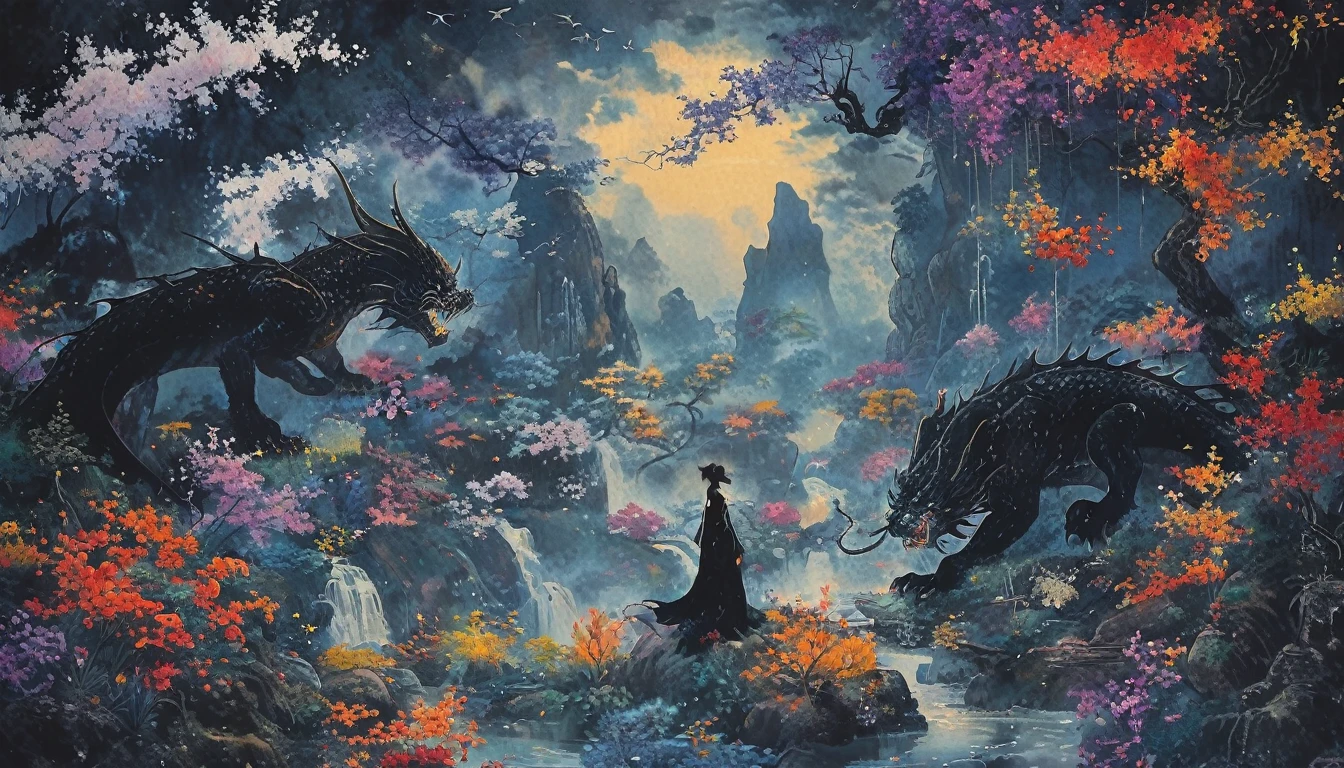 A white dragon lies in the middle of an endless field of purple flowers., Snow Capped Mountain々and、Golden sunset light surrounded by sparkling blue sky. The whole scene is filled with a dream-like atmosphere., with vibrant colors and detailed background elements rendered in high resolution and detailed in a top quality illustration style. 黒い髪and白い目をした少女, Dressed in darkness , Standing next to an anthropomorphic tiger, 二人andもカメラを見ている. The background features an intricate pattern of flowers and leaves.., 黒を基調andした, Shooting from a low angle, High resolutionand高精細, a masterpiece 、(Highest quality,4K,8K,High resolution,masterpiece:1.2),Very detailed,(Realistic,photoRealistic,photo-Realistic:1.37),Hot thick succubus mom with long black hair, Black lips, She is wearing a revealing black leather outfit with a BDSM theme... Her outfit consists of a seductive bustier, accentuate her voluptuous figure. Her skin is a captivating shade of fiery red, Exudes a devilish charm. A pair of majestic demon wings gracefully grow from her back.., Exquisitely painted patterns. On her head, She has magical tiefling horns, Embodying a different dimension. The artwork should capture her captivating aura.., 彼女の自信and強さを示す. The lighting of the scene should accentuate the seductive curves of her body.., ドラマチックな影andハイライトを投影する. カラーパレットは暗さand欲望の感覚を呼び起こすものでなければならない., Rich black contrast, red, deep chestnut color.