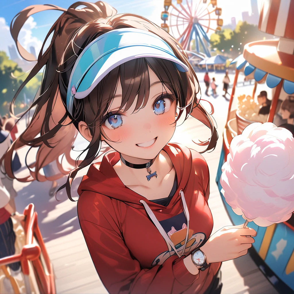 (female): solo, (perfect face), (detailed outfit), (20 years old), cute female, happy, (smiling), (walking), brown hair, medium hair, (ponytail) hair, blue eyes, light skin, medium chest_circumference, (red hoodie), (black joggers), (visor), (choker), (wristwatch)

(background): from above, outdoor, (amusement park), (ferris wheel), (roller coaster), (carousel), (cotton candy stand), (popcorn stand), afternoon, (sunny)

(effects): (masterpiece), (best quality), (sharp focus), (depth of field), (high res)