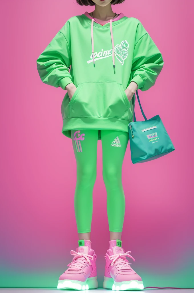 Create a drawing of one wearing LED sneakers and standing on the pink and green background photo made from cartoon