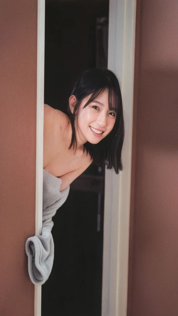 beautiful detailed eyes, no eye's make up, no lips, beautiful detailed lips, extremely detailed eyes and face, 1 girl, looking at viewer, shy smile, wrap the towel, soaked, soaked hair, indoors, black eyes, small breasts, wet hair, no makeup, bashful, brake, full-body horizontal photo, face facing the viewer, looking at the viewer with a shy smile, Canon EOS, clear facial features, 16K, high resolution, sharp and realistic details, super high resolution, highest quality