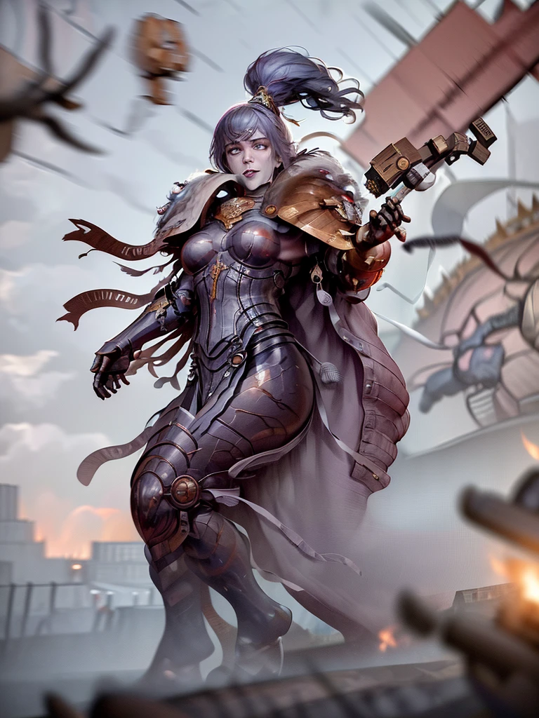 (Ultra-detailed face, Roar, shout:1.3), (Fantasy Illustration with Gothic & Ukiyo-e & Comic Art), (Full Body, A middle-aged dark elf woman with gray hair, blunt bangs, Very long disheveled hair, and dark purple skin, lavender eyes), (The Queen of War is dressed in crimson armor and a crimson velour cloak, adorned with jewels and precious metals), (The Queen of War smiles savagely, leaps up with a shout, strikes a daring pose, and thrusts both great swords forward. Flames explode from the Queen's sword's edge), BREAK (In the background, the tent of the barracks and military flags are flown, and heavily armored allied soldiers rush forward with battle cries. Smoke and dust are flying)