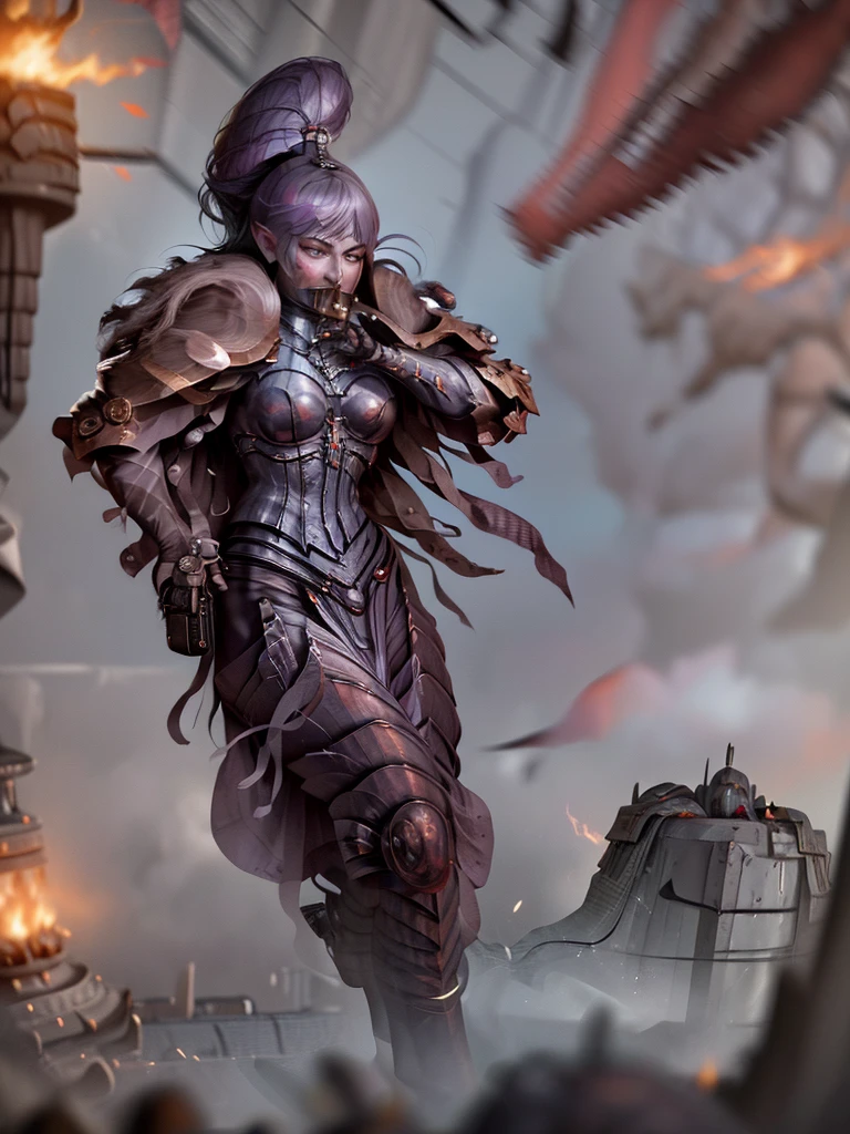 (Ultra-detailed face, Roar, shout:1.3), (Fantasy Illustration with Gothic & Ukiyo-e & Comic Art), (Full Body, A middle-aged dark elf woman with gray hair, blunt bangs, Very long disheveled hair, and dark purple skin, lavender eyes), (The Queen of War is dressed in crimson armor and a crimson velour cloak, adorned with jewels and precious metals), (The Queen of War smiles savagely, leaps up with a shout, strikes a daring pose, and thrusts both great swords forward. Flames explode from the Queen's sword's edge), BREAK (In the background, the tent of the barracks and military flags are flown, and heavily armored allied soldiers rush forward with battle cries. Smoke and dust are flying)