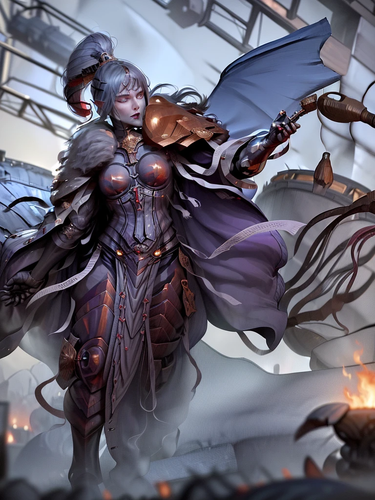 (Ultra-detailed face, Roar, shout:1.3), (Fantasy Illustration with Gothic & Ukiyo-e & Comic Art), (Full Body, A middle-aged dark elf woman with gray hair, blunt bangs, Very long disheveled hair, and dark purple skin, lavender eyes), (The Queen of War is dressed in crimson armor and a crimson velour cloak, adorned with jewels and precious metals), (The Queen of War smiles savagely, leaps up with a shout, strikes a daring pose, and thrusts both great swords forward. Flames explode from the Queen's sword's edge), BREAK (In the background, the tent of the barracks and military flags are flown, and heavily armored allied soldiers rush forward with battle cries. Smoke and dust are flying)