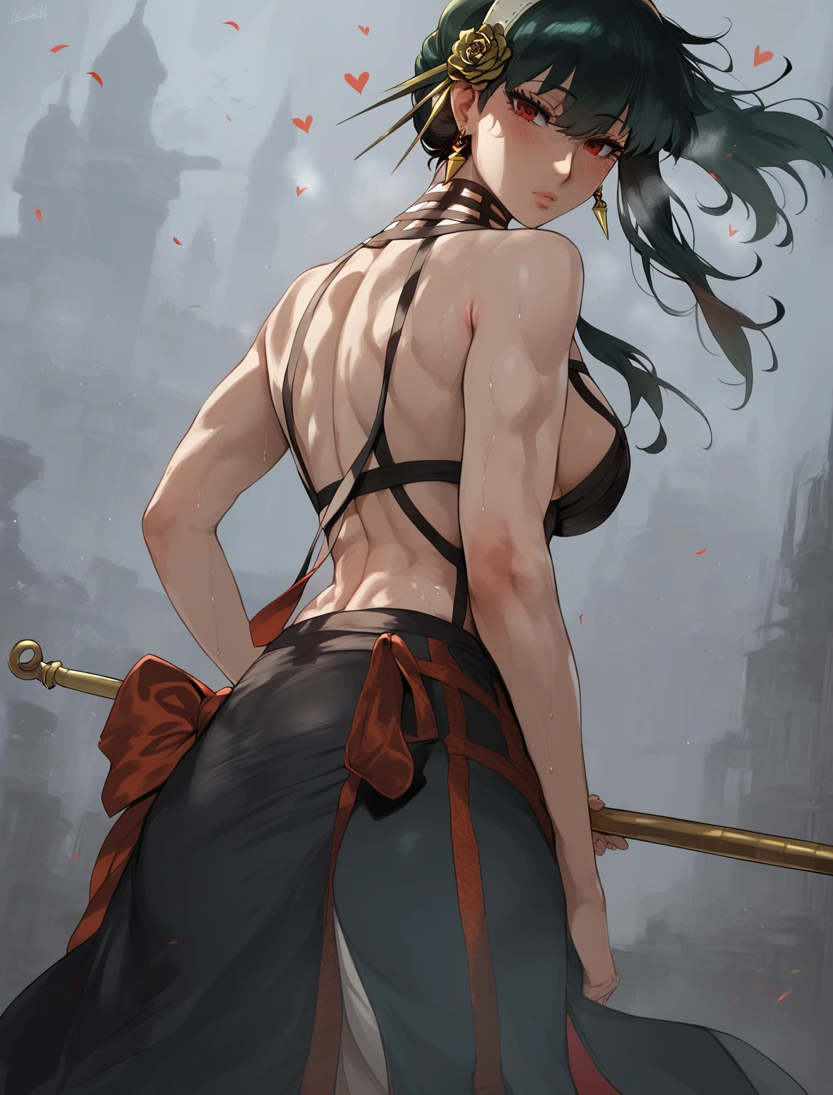 score_9, score_8_up, score_7_up, score_6_up, uncensored, Yor Briar, black hair, earrings, white hairband, hairband, long hair, sidelocks, red eyes, sweating, BREAK (masterpiece:1.2), best quality, high resolution, (detailed eyes:1.3), perfect lighting, (perfect hands, perfect anatomy), hearts, pleasured, large breasts, rating:safe, 1girl, solo, bow_(weapon), muscle, weapon, back, breasts, tattoo, muscular_female, from_behind, looking_back, quiver, expressionless, hollow eyes,