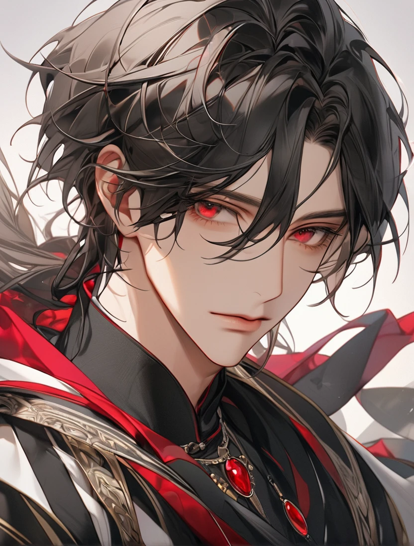 (Black_Hair), (red_ruby_eyes), (Handsome), (attractive), (perfect_face), (male), (close_up_shot), (detailed_eyes), (detailed_hair), (clean_hair), (expressionless), (vertical_pupils), (peaceful_atmosphere), (mole_below_left_eye)