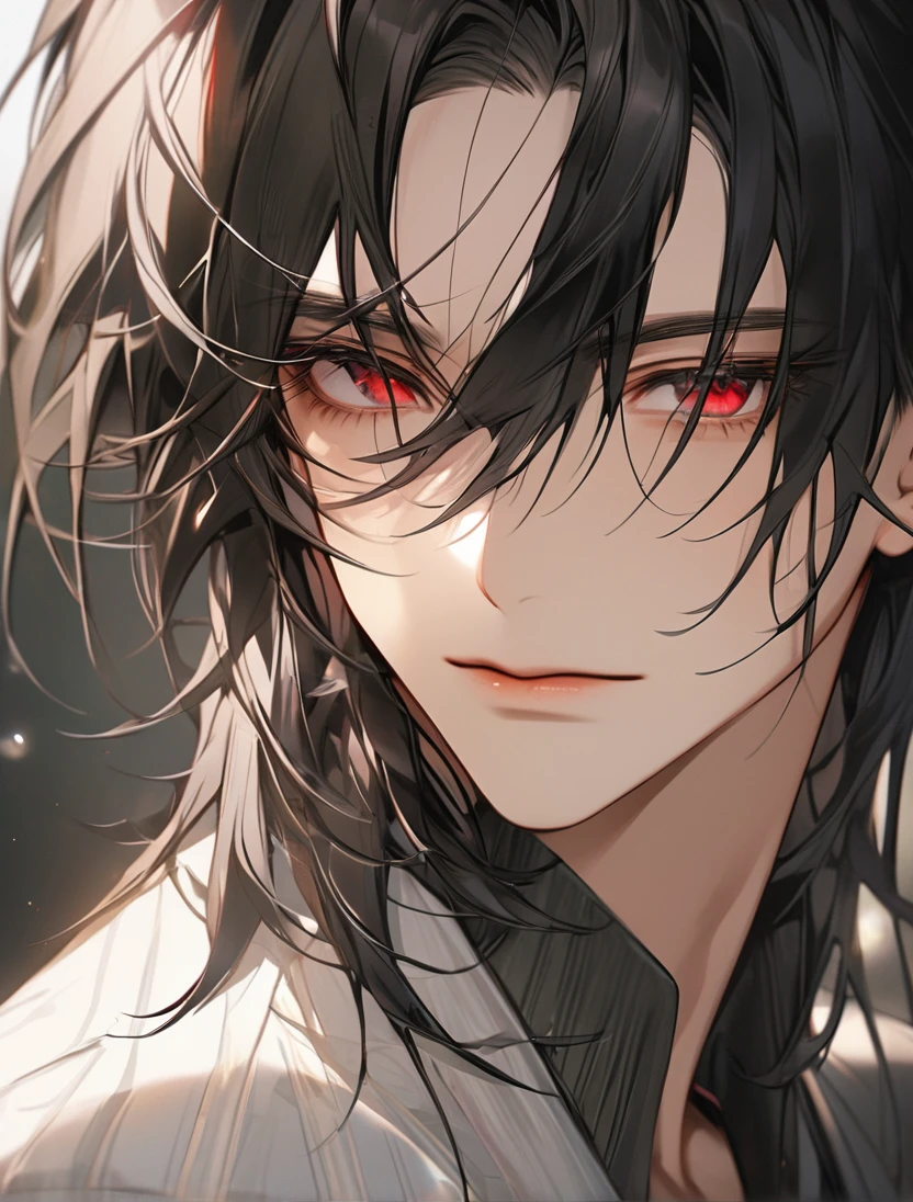 (Black_Hair), (red_ruby_eyes), (Handsome), (attractive), (perfect_face), (male), (close_up_shot), (detailed_eyes), (detailed_hair), (clean_hair), (expressionless), (vertical_pupils), (peaceful_atmosphere), (mole_below_left_eye)