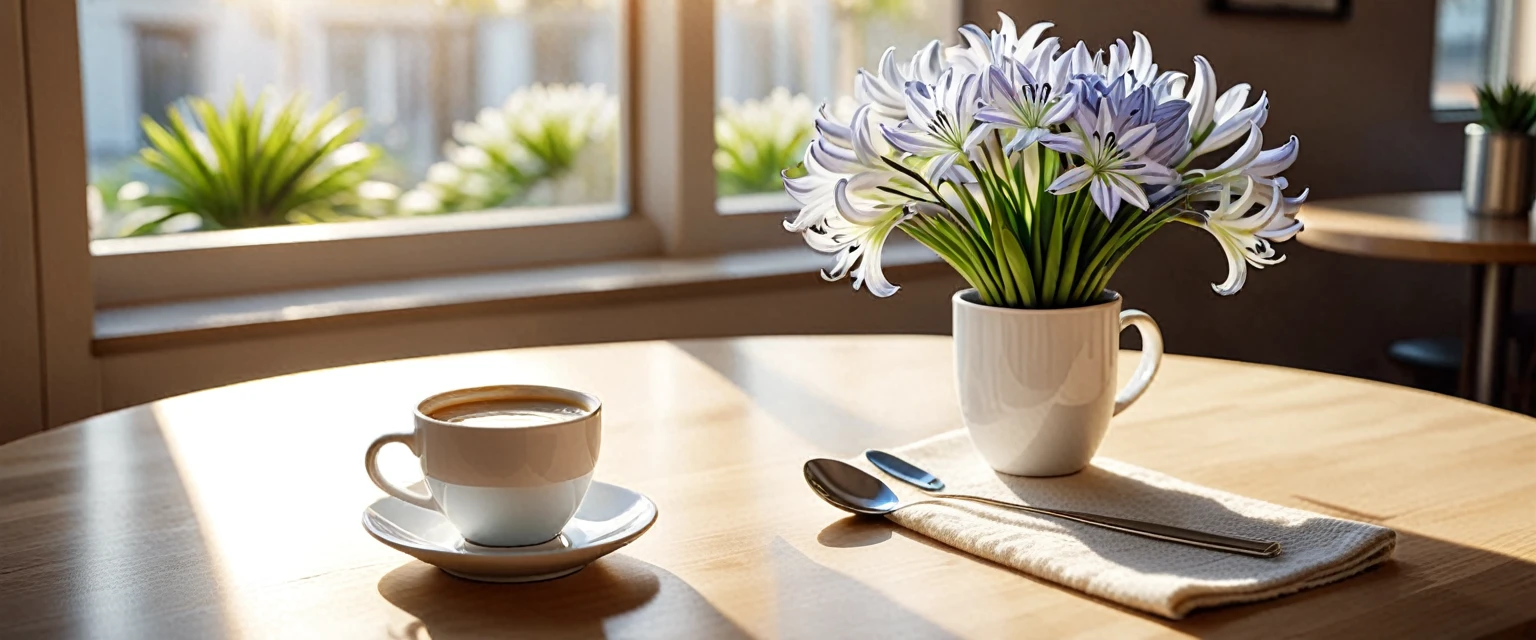 Best still life composition(best quality,4K,8K,High resolution,masterpiece:1.2),Super detailed,(Practical,photoPractical,photo-Practical:1.37),latté(clear focus、obvious)There is slight smoke in the white ceramic cup.Artist coffee impression.White sweater with clear texture,Wrinkles arranged randomly...Sophisticated and elegant.A bouquet of bright pale agapanthus laid flat from above(Lying flat on the table.From top to left.Make space on your desk)..Modern style cafe bokeh background.Super detailed.(Super quality,Super detailed,Ultra-complex,Extremely complex)Soft and natural light and shadow.Reverse fragrance.no humans.Ultra wide angle, (Detailed texture),Background covered with film grain, natural soft light,(Morning Scene.warm sunshine in the morning)Ray tracing, Vignette, Wide-angle lens, Ultra wide angle, best qualitycinematic lighting, Depth of Field, outer boundary, Negative space, Letterbox header image