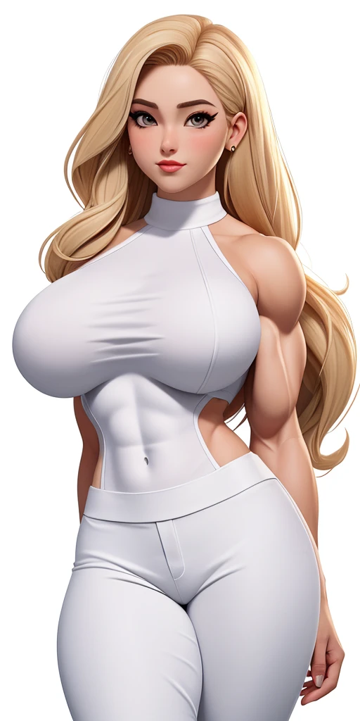 Masterpiece, highly detailed, high res, dynamic, A image of a woman in a white top and white pants, ((((Massive breasts)))), (muscular), ((((huge muscles)))) fanart da coelhinha lola, commission for high resolution, CO Commission, Gwen Stacy, corpo perfeitamente sombreado, Emma Geada, Retrato de Emma Frost, Deusa loira, desenhado no estilo de artgerm, em roupas brancas, corpo perfeito sombreado realista, Betty Cooper, It's not artgerm style, ((((Massive breasts)))), (muscular), ((((huge muscles))))