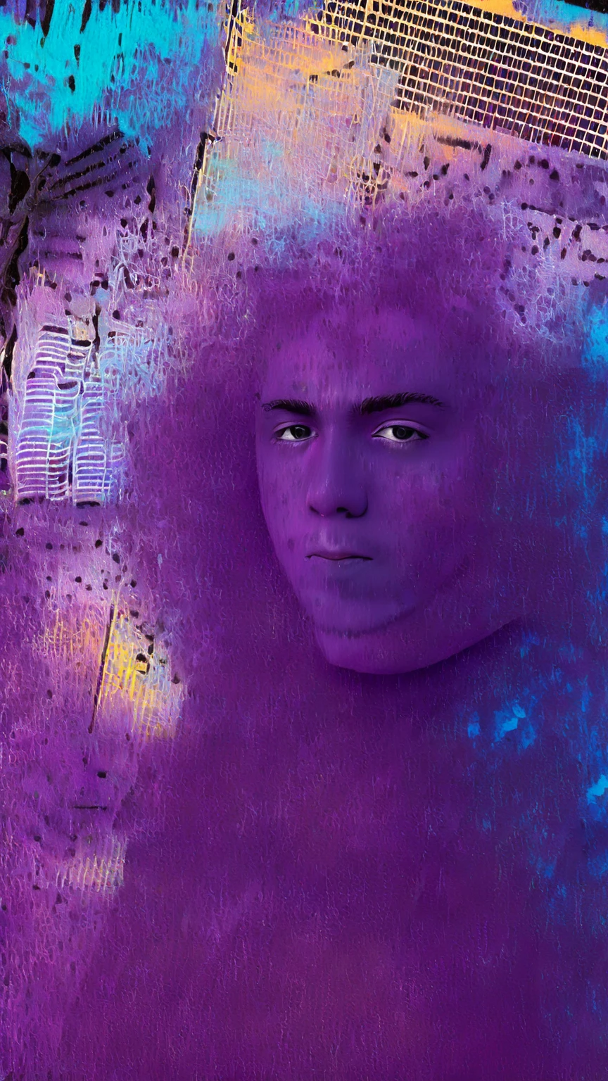 there is a man , man with long, curly hair, curls on top of the head, taken in the late 2000s, taken at the beginning of 2020, about 19 years old, with long, curly hair, VAPORWAVE ART STYLE( WITH PAINT DRIPS, GRAFFITI STYLE STREET ART