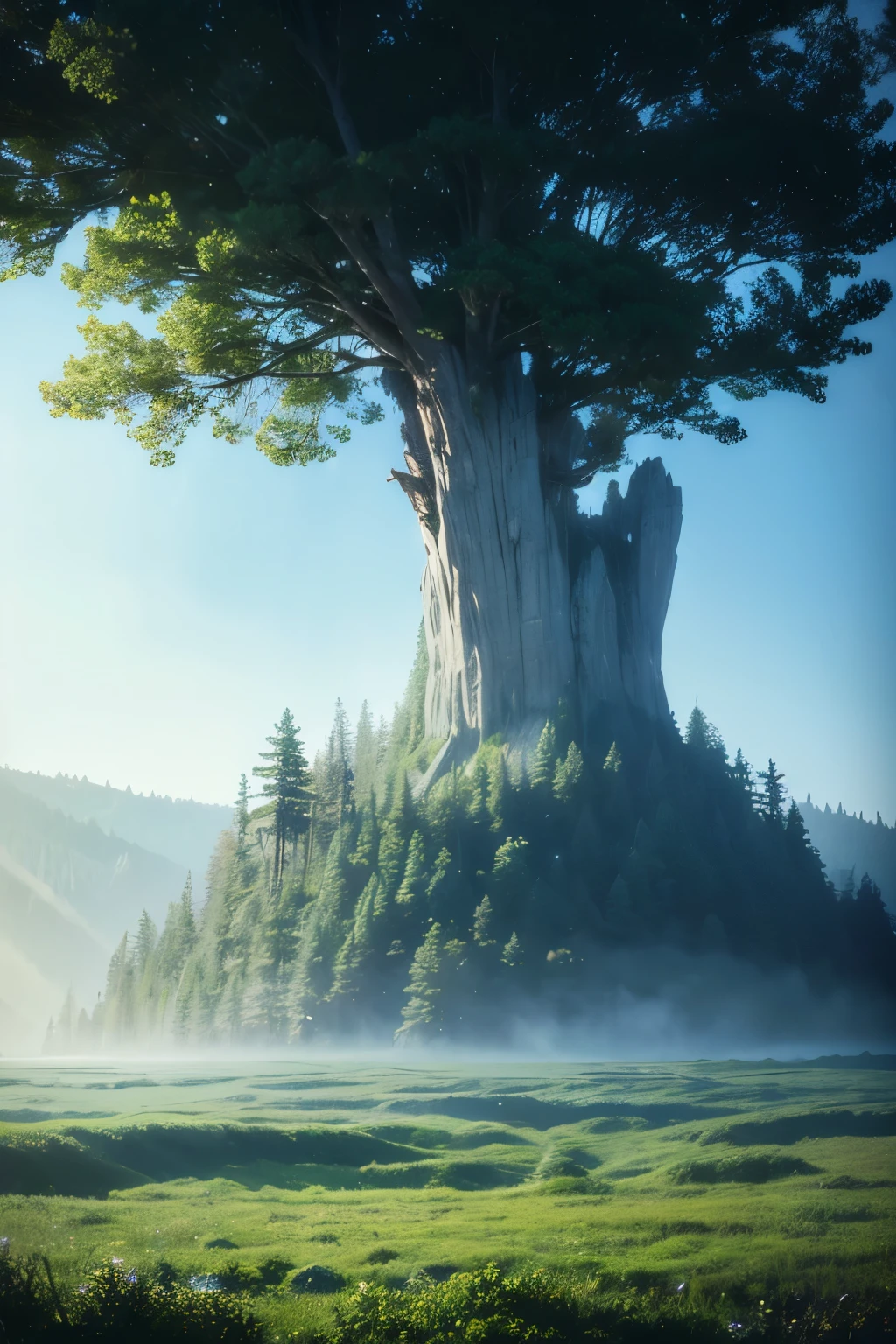 A huge island floating in the sky,forest, High Fantasy, Magical Effects, Ultra-realistic, Super detailed, Mysterious atmosphere, so beautiful,Bright atmosphere,Sunlight