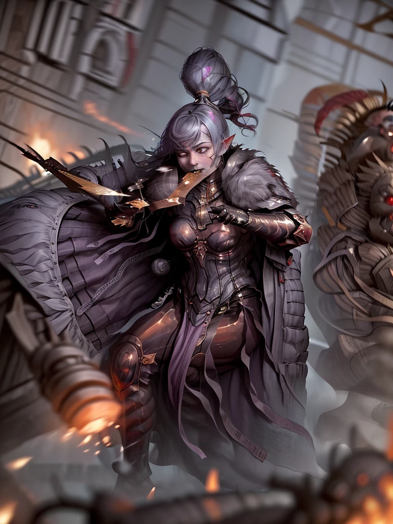 (Ultra-detailed face, Roar, shout:1.3), (Fantasy Illustration with Gothic & Ukiyo-e & Comic Art), (Full Body, A middle-aged dark elf woman with gray hair, blunt bangs, Very long disheveled hair, and dark purple skin, lavender eyes), (The Queen of War is dressed in crimson armor and a crimson velour cloak, adorned with jewels and precious metals), (The Queen of War smiles savagely, leaps up with a shout, strikes a daring pose, and thrusts both great swords forward. Flames explode from the Queen's sword's edge), BREAK (In the background, the tent of the barracks and military flags are flown, and heavily armored allied soldiers rush forward with battle cries. Smoke and dust are flying)