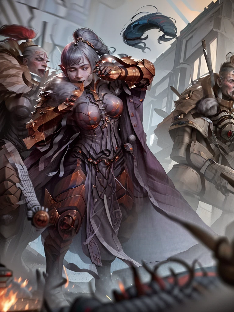 (Ultra-detailed face, Roar, shout:1.3), (Fantasy Illustration with Gothic & Ukiyo-e & Comic Art), (Full Body, A middle-aged dark elf woman with gray hair, blunt bangs, Very long disheveled hair, and dark purple skin, lavender eyes), (The Queen of War is dressed in crimson armor and a crimson velour cloak, adorned with jewels and precious metals), (The Queen of War smiles savagely, leaps up with a shout, strikes a daring pose, and thrusts both great swords forward. Flames explode from the Queen's sword's edge), BREAK (In the background, the tent of the barracks and military flags are flown, and heavily armored allied soldiers rush forward with battle cries. Smoke and dust are flying)