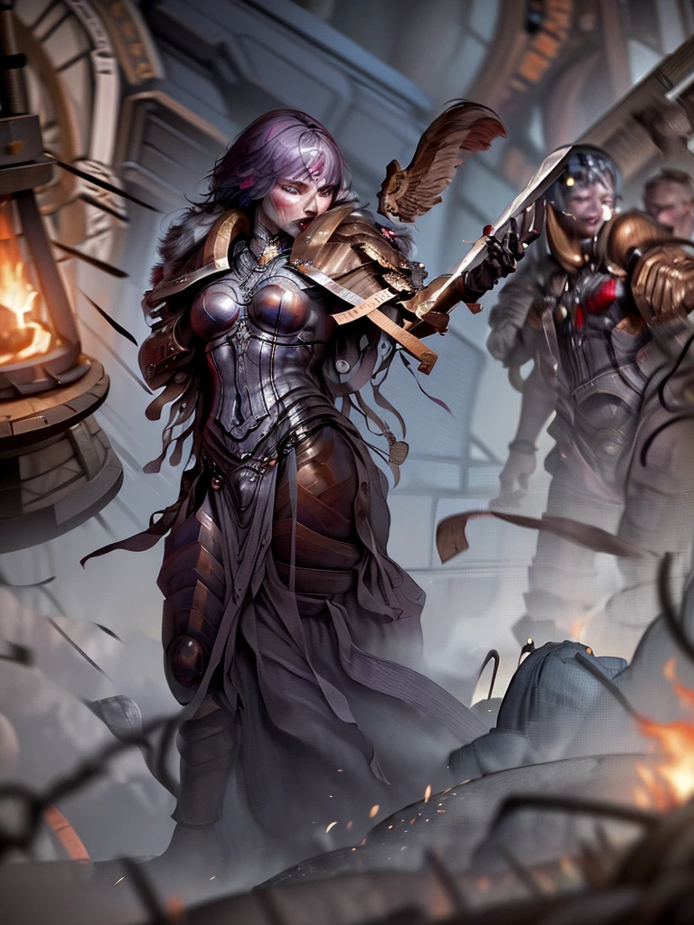 (Ultra-detailed face, Roar, shout:1.3), (Fantasy Illustration with Gothic & Ukiyo-e & Comic Art), (Full Body, A middle-aged dark elf woman with gray hair, blunt bangs, Very long disheveled hair, and dark purple skin, lavender eyes), (The Queen of War is dressed in crimson armor and a crimson velour cloak, adorned with jewels and precious metals), (The Queen of War smiles savagely, leaps up with a shout, strikes a daring pose, and thrusts both great swords forward. Flames explode from the Queen's sword's edge), BREAK (In the background, the tent of the barracks and military flags are flown, and heavily armored allied soldiers rush forward with battle cries. Smoke and dust are flying)